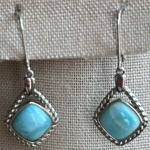 Vintage sterling silver and cushion cut Larimar earrings, stamped LJ and 925